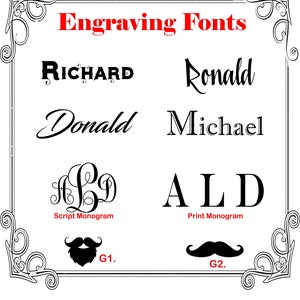 May include: An image showcasing various engraving fonts, including "RICHARD", "Ronald", "Donald", and "Michael". It also displays script and print monograms, along with mustache graphics labeled G1 and G2. The title "Engraving Fonts" is in red.