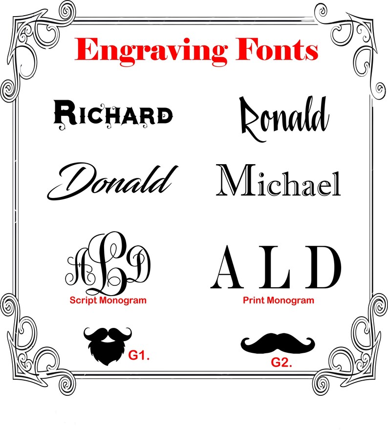 May include: An image showcasing various engraving fonts, including "RICHARD", "Ronald", "Donald", and "Michael". It also displays script and print monograms, along with mustache graphics labeled G1 and G2. The title "Engraving Fonts" is in red.