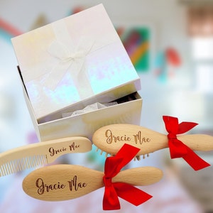 Wooden Engraved Set for Baby Welcoming Christening Brush Mirror Comb Name Initial Newborn Gift