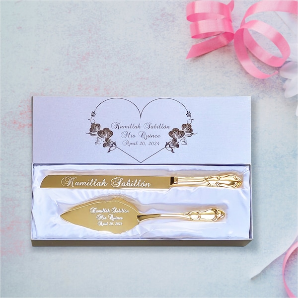 Quinceanera Cake Server Set Cutter Knife Personalized Engraved Name Date Sweet 16 Latino Birthday Milestone Party Supply Keepsake