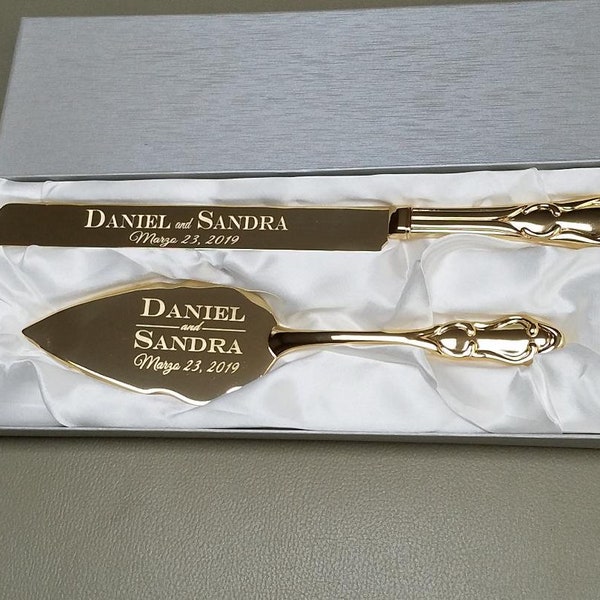 Gold Cake KNIFE and SERVER Set with Personalized Engraved Customization Elegant Modern Cutting Set Wedding Engagement Bride Groom