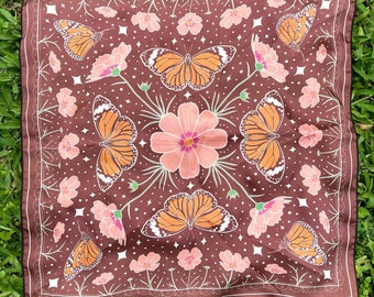 Silk Scarf - Monarch Butterflies & Cosmos in Brick Red