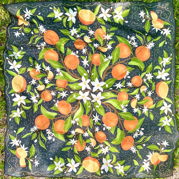 Silk Scarf - Chic Oranges and Orange Blossoms