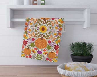 Fall Flowers and Pumpkins Kitchen Towel, Autumn Hand Towel
