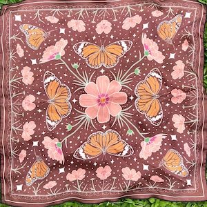 Silk Scarf - Monarch Butterflies & Cosmos in Brick Red