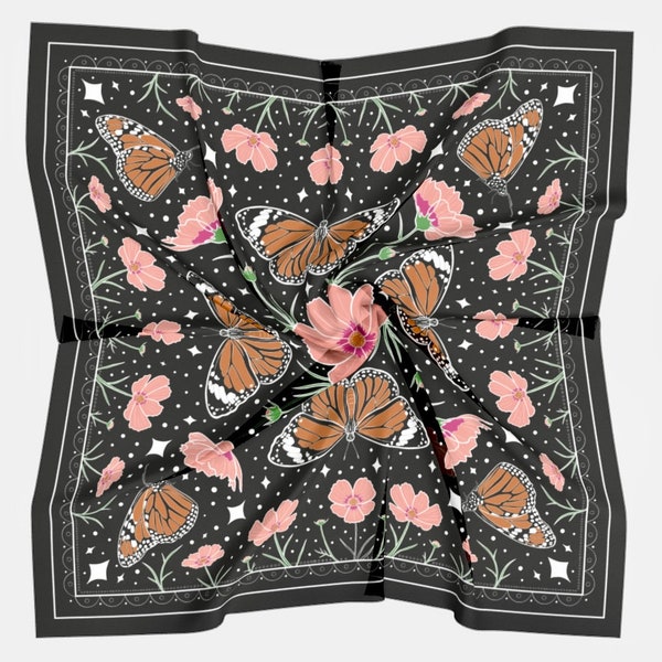 Silk Scarf - Monarch Butterflies & Cosmos Flowers in Black