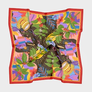 May include: A colorful silk scarf with a dark background featuring a repeating pattern of coffee cups, coffee beans, and floral designs. The scarf has a red border with a decorative pattern.