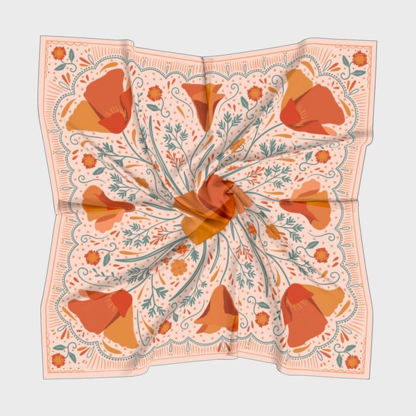 Foulard en soie - Coquelicots oranges et fleurs sauvages