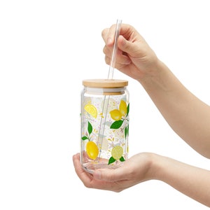 Lemons and Flowers Glass, with lid and straw, 16oz