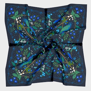 Silk Scarf - Blue Peacocks, Birds and Flowers Paradise on Navy