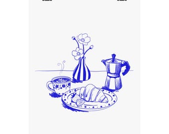Coffee and Croissant Art Print: Monochromatic Kitchen Cafe Decor