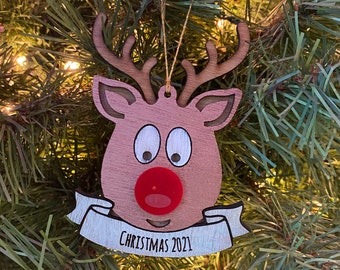 Custom Wooden Reindeer Ornament with Rudolph Nose, Personalized Christmas Gift