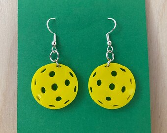 Acrylic Yellow Pickleball Earrings - Sterling Silver, Unique Jewelry