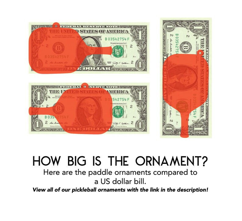May include: A red pickleball paddle ornament is shown next to a US dollar bill. The ornament is the same size as the dollar bill. The text "HOW BIG IS THE ORNAMENT?" is shown above the image. The text below the image reads "Here are the paddle ornaments compared to a US dollar bill. View all of our pickleball ornaments with the link in the description!"