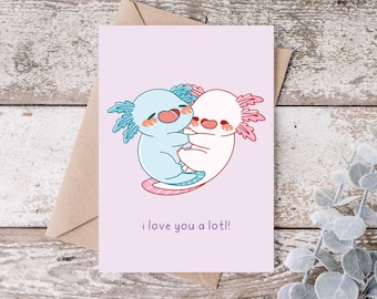 Wenskaarten, valentijnskaart, paren wenskaarten, axolotl wenskaarten, liefdeswenskaart