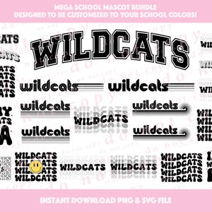 Könnte beinhalten: Ein digitaler Download von 14 Schwarzweiß-Grafiken mit Wildcat-Maskottchen. Die Grafiken enthalten das Wort "Wildcats" in verschiedenen Schriftarten und Stilen, darunter eine gestapelte Version, eine Version mit einem Smiley und eine Version mit dem Text "In My Era".