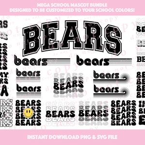 May include: A digital download of 14 different graphic designs featuring the word "Bears" in various styles and colors. The designs include a classic varsity style, a retro 70s style, and a smiley face design. The designs are perfect for creating school spirit apparel, merchandise, or social media graphics.