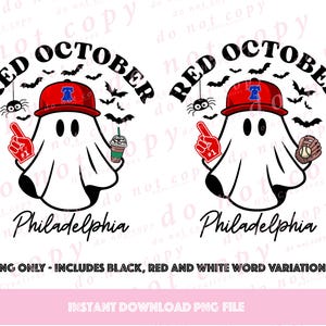 Philadelphia October Baseball Ghost with Coffee Halloween PNG for Cricut