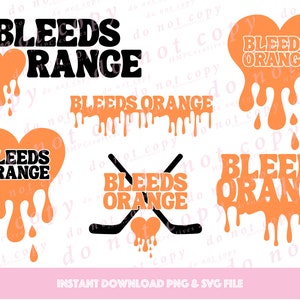 以下が含まれることがあります： 「Bleeds Orange」というフレーズを、滴るフォントスタイルで表現した6つのデジタルデザインのセット。デザインには、ハート、ホッケーのスティック、滴るテキストバナーが含まれています。デザインは黒とオレンジです。