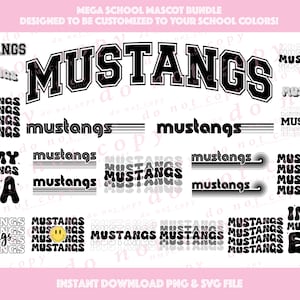 Puede incluir: Una descarga digital de 12 logotipos de mascota de escuela diferentes que presentan la palabra "Mustangs" en varios estilos y colores. Los logotipos están diseñados para ser personalizados a los colores de tu escuela.