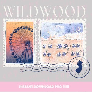 May include: A digital illustration of two vintage postage stamps with a Ferris wheel and a beach scene. The stamps are labeled "WILDWOOD" and have a blue and white wavy line border. The image includes a silhouette of the state of New Jersey.