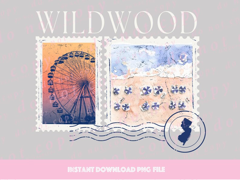 May include: A digital illustration of two vintage postage stamps with a Ferris wheel and a beach scene. The stamps are labeled "WILDWOOD" and have a blue and white wavy line border. The image includes a silhouette of the state of New Jersey.