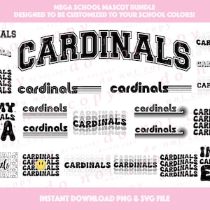 Könnte beinhalten: Ein digitaler Download von 12 verschiedenen Designs mit dem Wort "Cardinals" in verschiedenen Stilen und Schriftarten. Die Designs sind schwarzweiß und beinhalten ein lächelndes Gesicht, einen Stern und die Worte "In My Era".