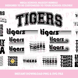 May include: A digital download of 16 different graphic designs featuring the word "Tigers" in various styles and fonts. The designs are black and white and include a smiley face, a retro style, and a layered design. The designs are perfect for creating school spirit apparel, banners, and other crafts.