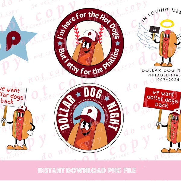 Philadelphia Baseball Retro Throwback Dollar Hot Dogs PNG Bundle for Cricut