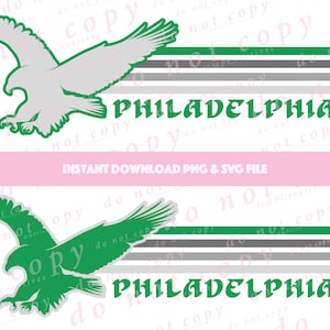Könnte beinhalten: Ein grünes und graues Grafikdesign mit einem stilisierten Adler mit ausgebreiteten Flügeln und dem Wort "PHILADELPHIA" in grünen Buchstaben. Der Adler fliegt über eine Reihe von grauen Streifen.