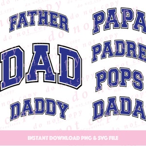 Cartas do time do colégio do Dia dos Pais Papai Papai Papa Padre Pops Dada Arquivos de corte SVG e sublimação PNG para Cricut