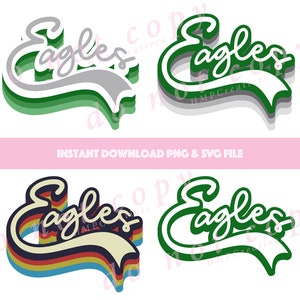 Könnte beinhalten: Zwei Versionen eines Retro-Logos "Eagles". Die erste Version ist in Grün und Weiß mit einem weißen Band. Die zweite Version ist in Regenbogenfarben mit einem gelben Band.