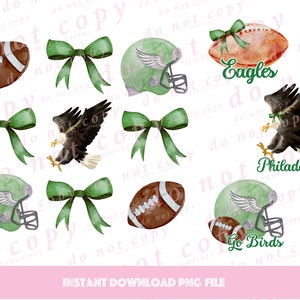 Könnte beinhalten: Ein Set digitaler Cliparts mit Aquarell-Illustrationen von Footballhelmen, Fußbällen, einem Weißkopfseeadler und grünen Schleifen. Der Text "Eagles", "Philadelphia" und "Go Birds" ist im Bild enthalten.