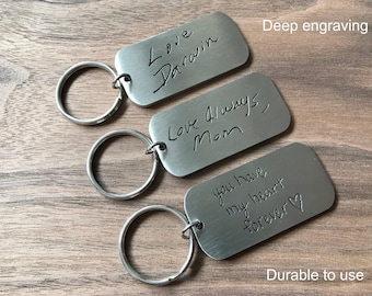 Handwriting Keychain, Personalized Stainless Steel Signature Keepsake, Double-Sided 2 x 1 Inch