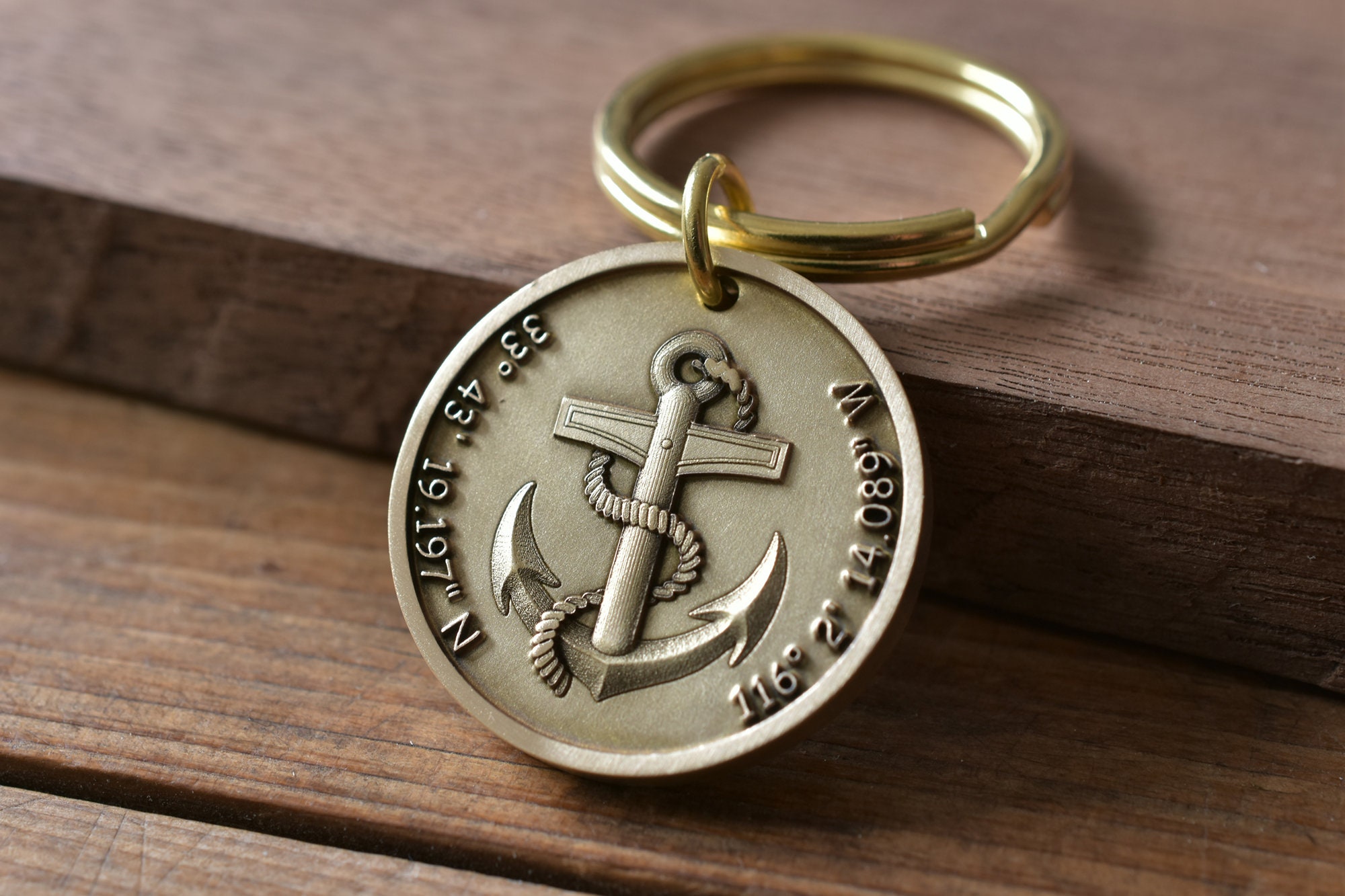 Personalized Brass Anchor Keychain: Engraved Coordinates