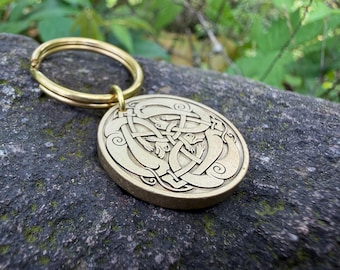 Brass Medallion Keychain, Triple Hound Celtic Knot, Personalized Two-Sided Engraving