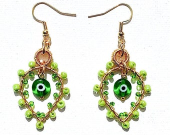 Evil Eye wire wrapped Dangling Earrings | Handmade Jewelry | Green or Blue "Ivy" Earring