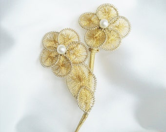 Vintage Fine Wire  And Faux Pearl Floral Brooch, Gold Tone Brooch, 3D Brooch
