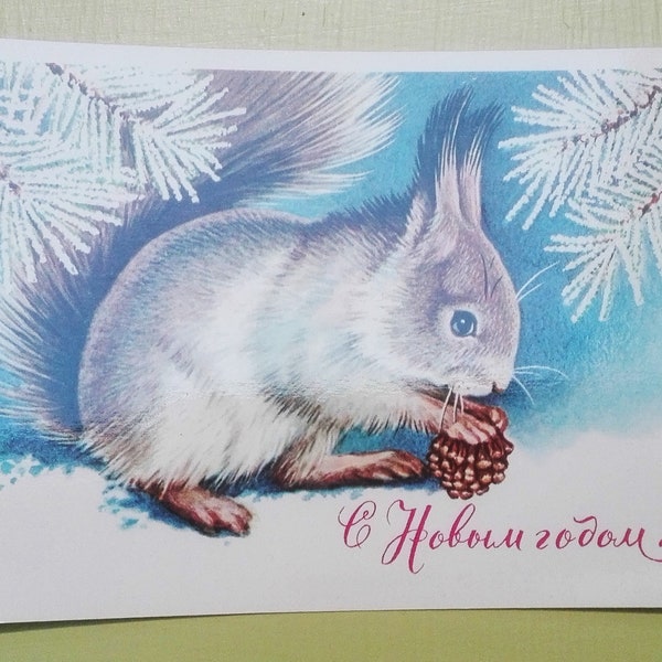 Vintage Soviet Christmas postcard Squirrel, Unused Greeting Postcard, Postcard Collectible, USSR, New Year postcard 1981, Happy New Year