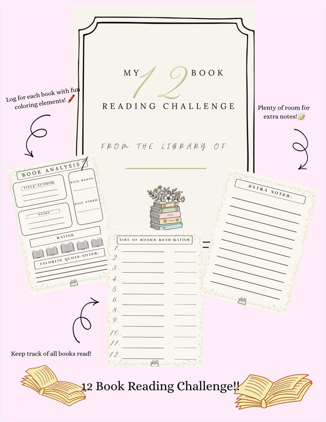 12 Book Reading Challenge | Printable Book Lover Tracker | Digital ...