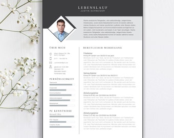 May include: A professional resume template titled LEBENSLAUF JUSTIN SCHNEIDER featuring a dark gray header, a diamond-shaped portrait placeholder, and structured sections for contact information, professional experience, skills, and software proficiency.