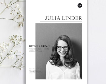 May include: Black and white photo of a woman with a professional headshot. The text "BEWERBUNG PROJEKTLEITERIN MARKETING" is in the lower left corner of the image. The text "JULIA LINDER" is in the upper center of the image.