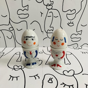 Vajilla vintage con forma de huevo de Mr. Mrs. Humpty Dumpty, sal y pimienta, años 80