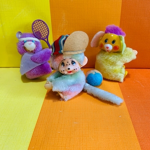 Three Vintage Mini Gripper Hugger Figures Monchhichi Popple Care Bear 80s