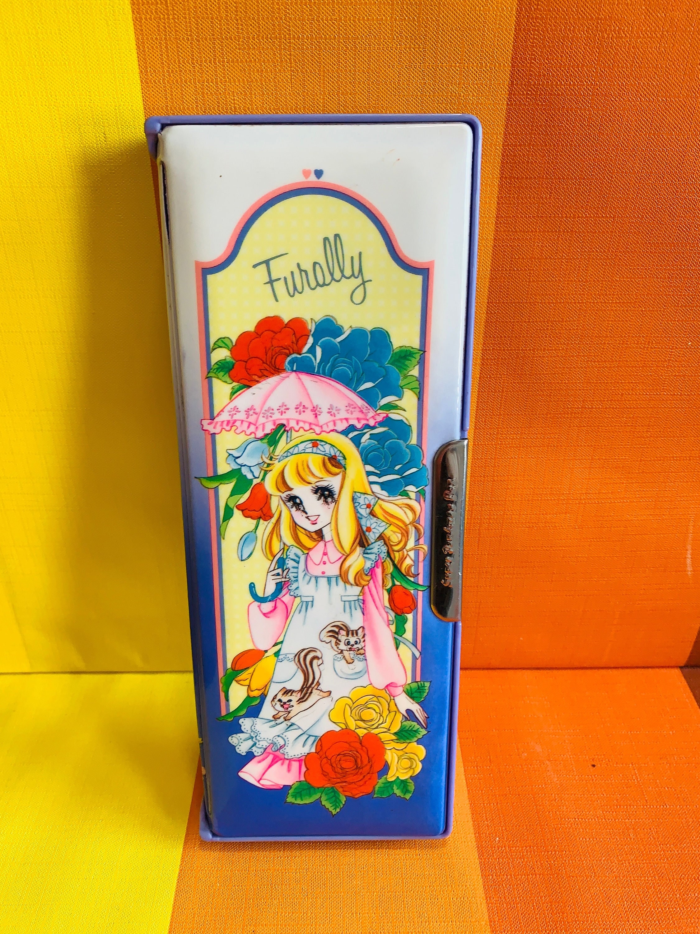 Vintage Bensia Charming Partner 1980s pencil box case with cartoon crayons  —