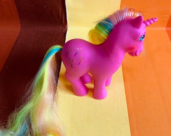 Vintage G1 My Little Pony Pinwheel Hasbro 1984 Pink Body Rainbow Hair Unicorn Made in Hong Kong