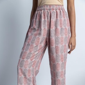 Beige Block-Print Indian Pant, Linen Pant, Elastic Pant, Plus Size, Custom Made, Made to Order