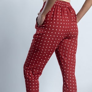 Red Polka Dot Block-Print Indian Pant, Linen Pant, Elastic Pant, Plus Size, Custom Made, Made to Order