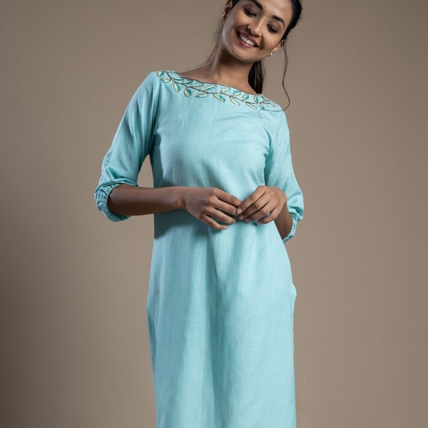 Sky Blue Embroidered Indian Kurti, Linen Maxi Top, Shift Tunic, Plus Size, Custom Made, Made to Order