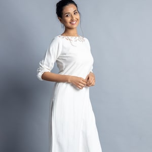 White Embroidered Indian Kurti, Linen Maxi Top, Shift Tunic, Plus Size, Custom Made, Made to Order